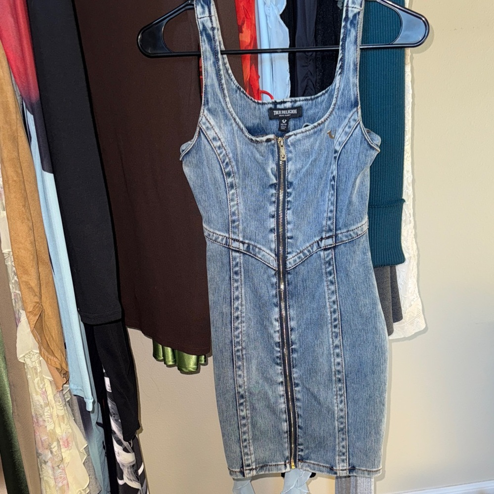 True Religion Light Blue Denim Zip-Front Mini Dress